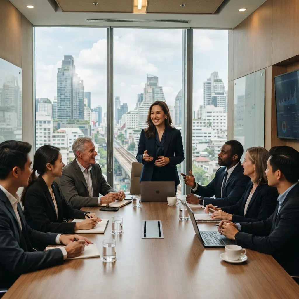 Advisors reviewing Thai market research with international investors